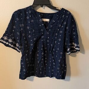 LOFT Navy Short-Sleeve Embroidered Split-Neck Blouse